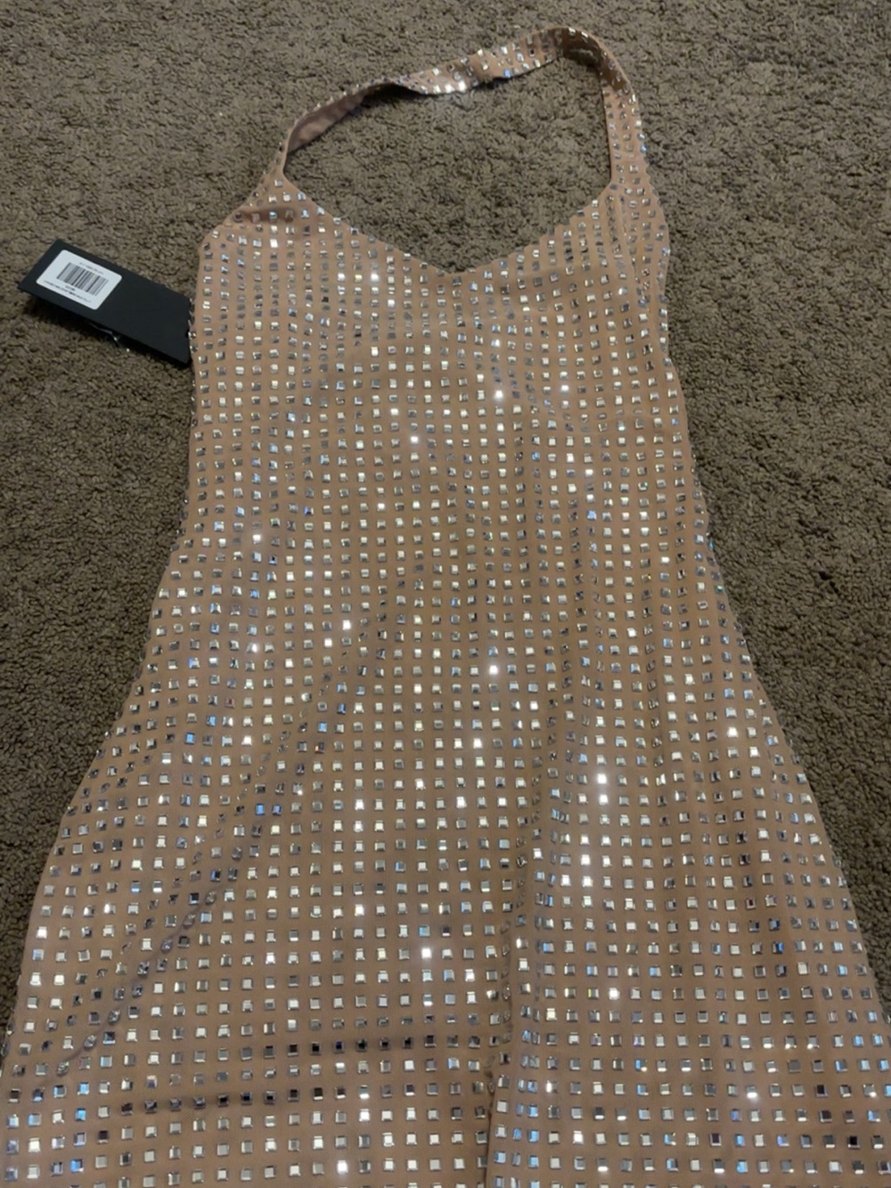 White Fox Boutique Nude Halter Mini Dress with Silver Studs